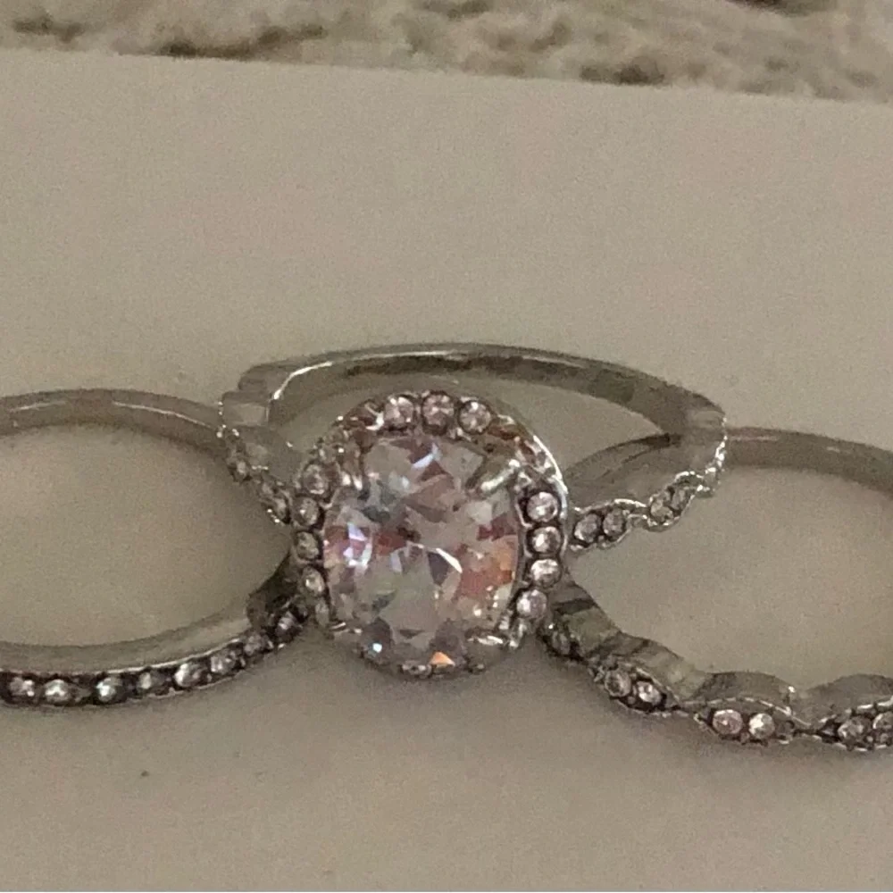 NWT Silver-Tone Clear Crystal Statement Ring Set